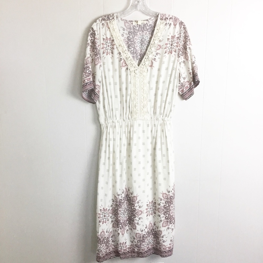 Parallel Skies MIDI Dress Pink & White Size L Crochet Front